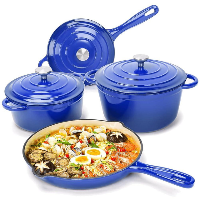 Hisencn Enameled Cast Iron Cookware Set - 7 Piece Set of Dutch Ovens, Sauce Pan, Skillet, 3 Lids, Dutch Oven Set, Ceramic Nonstick Coated, Heavy Duty, Gas/Induction Compatible, PFA Free, Biscay Blue