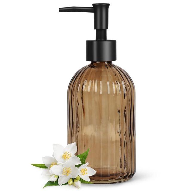 Stripe-Patterened Glass Soap Dispenser with Black Plastic Pump, 400ml Liquid Hand Soap Dispenser, Rustproof Pump for Kitchen & Bathroom, Great for Lotions, Essential Oil, Liquid Soaps-Amber
