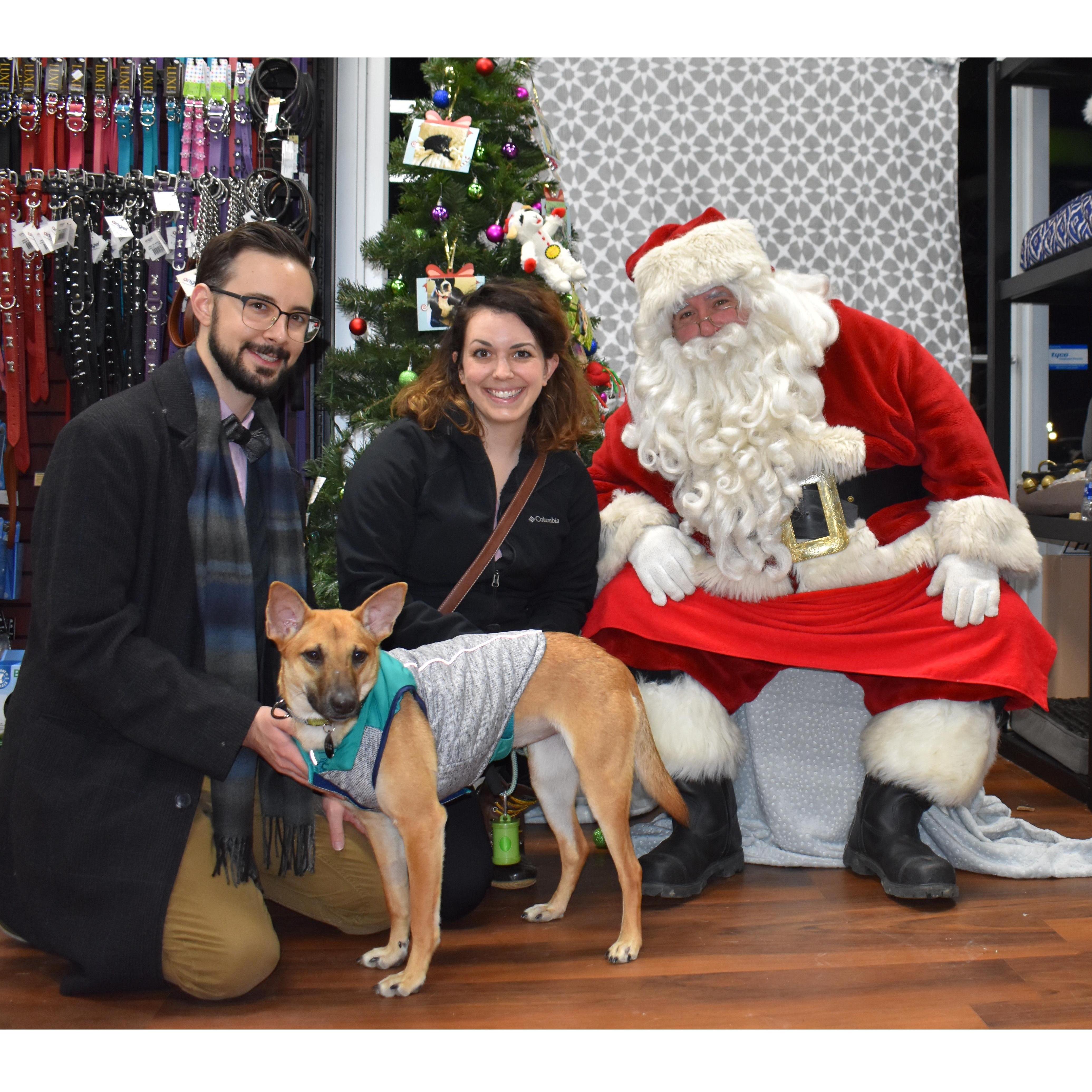 First Christmas with their dog, Ruby.