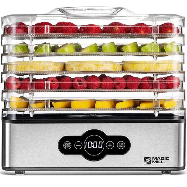 Magic Mill Food Dehydrator Machine | 5 Stackable Stainless Steel Trays Jerky Dryer with Digital Adjustable Timer and Temperature Control - Electric Food Preserver Machine with Powerful Drying Capacity for Fruits, Veggies, Meats & Dog Treats (5 Stainless Steel Trays)