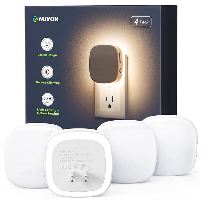 AUVON Plug-in LED Backlit Night Light with Motion Sensor & Dusk to Dawn Sensor, Dimmable Cool White Nightlight with 1-50 lm Adjustable Brightness for Bedroom, Bathroom, Stairs, Hallway (4 Pack)