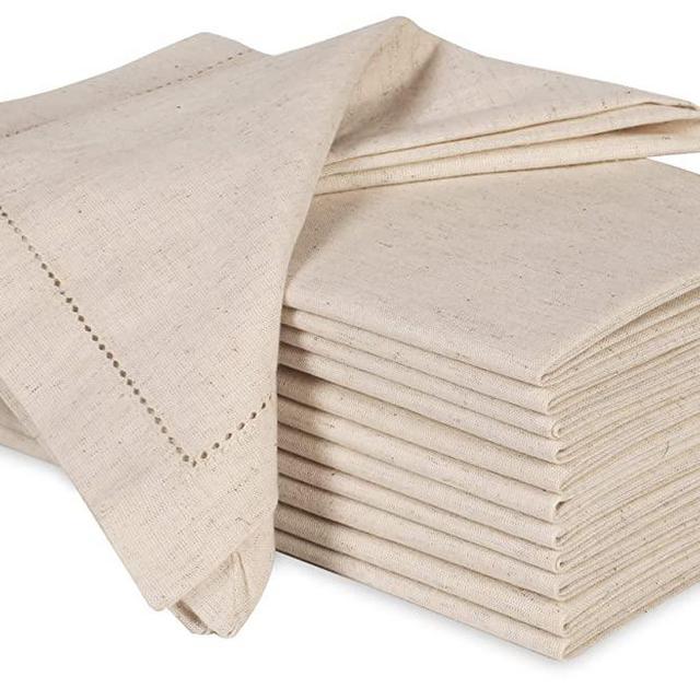 Hausattire Cloth Dinner Napkins in Cotton Flax Fabric with Hemstitched Detailing & Mitered Corners - 20x20 Inches (Set of 12, Natural)