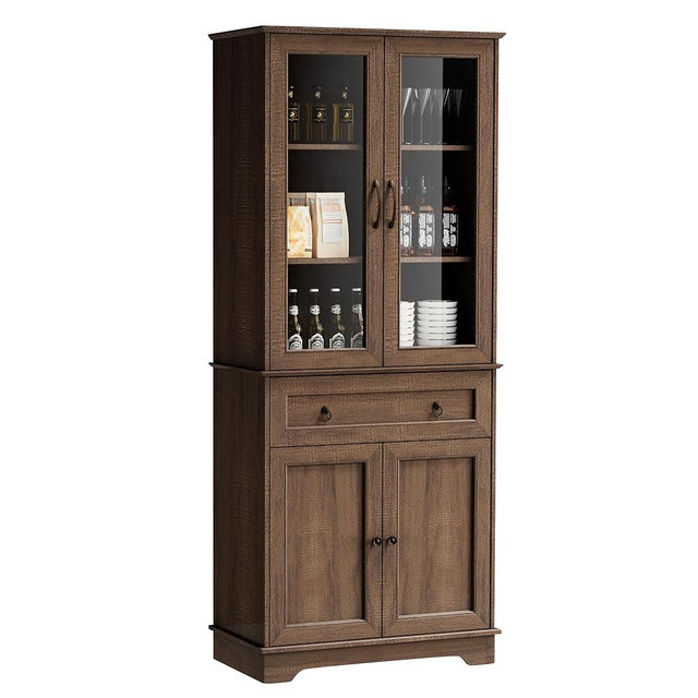 Fatmok 72" Tall Kitchen Pantry Storage Cabinet with Glass Doors and Drawer,Farmhouse Cupboard with Adjustable Shelves, Freestanding Food Pantry for Kitchen,Dining,Living Room,Brown