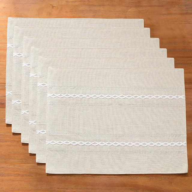 Wracra Cotton Linen Placemats, 14 x 19 Inch Set of 6 Placemats Rustic Hemstitch Place Mats for Kitchen Table and Heat Resistant-Hemstitch Ivory