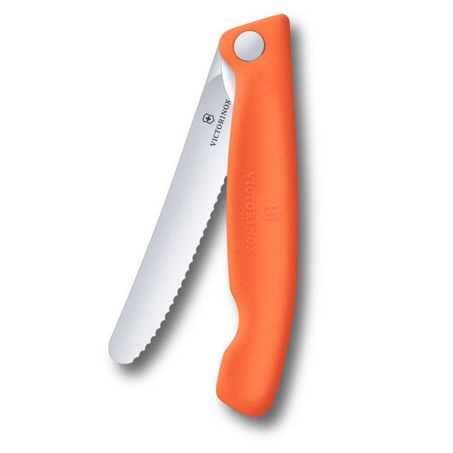Victorinox Swiss Classic 4 1/2" Inch Folding Picnic Knife for Hiking, Fruits, Vegetables, Rolls, Sausage, Serrated, Round Blade, Orange