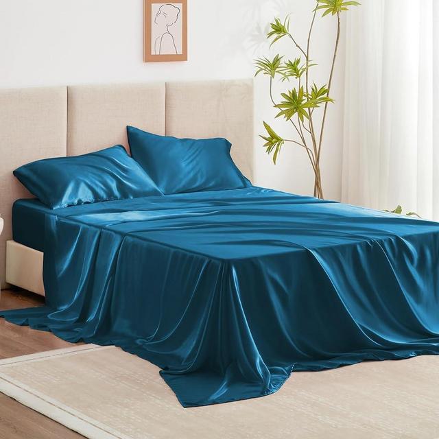 Love's cabin California King Satin Sheet Sets - 4 Piece Teal Silky Satin Sheets Bed Set with Deep Pocket, Luxury Silk Feel Satin Cal King Sheet Set (1 Flat Sheet,1 Fitted Sheet,2 Pillow Cases)