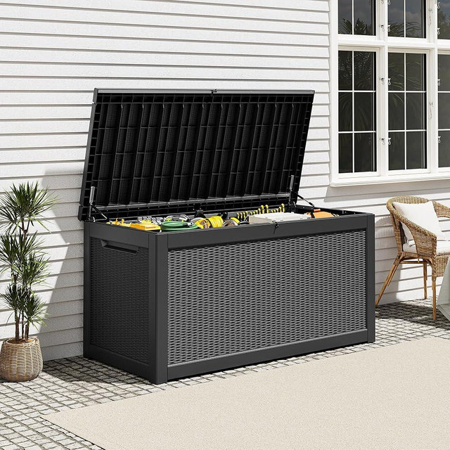 NBYSGO Outdoor Storage Deck Boxes Waterproof, Waterproof and UV Resistant Outdoor Storage Box Lockable Lid for Delivery Box, Indoor, Garden Tools, Pool Supplies, Patio (Black, 300 Gallon)