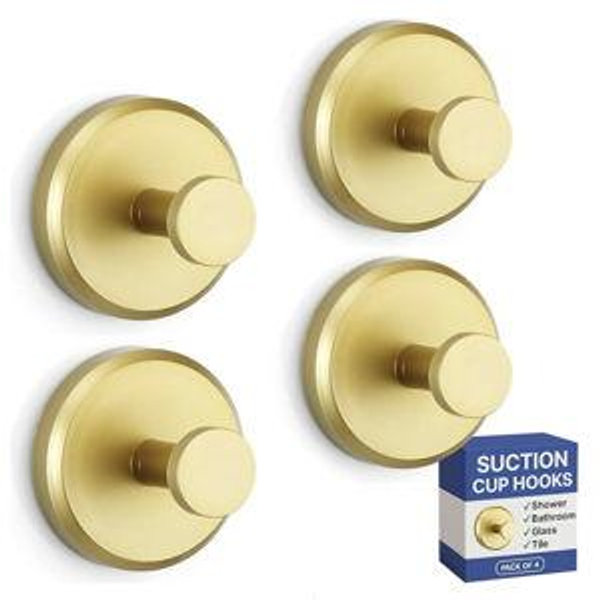 HOME SO Suction Cup Hooks for Shower, Bathroom, Kitchen, Glass Door, Mirror, Tile – Loofah, Towel, Coat, Bath Robe Hook Holder for Hanging up to 15 lbs – Waterproof, Matte Brushed Satin Gold (4-Pack)