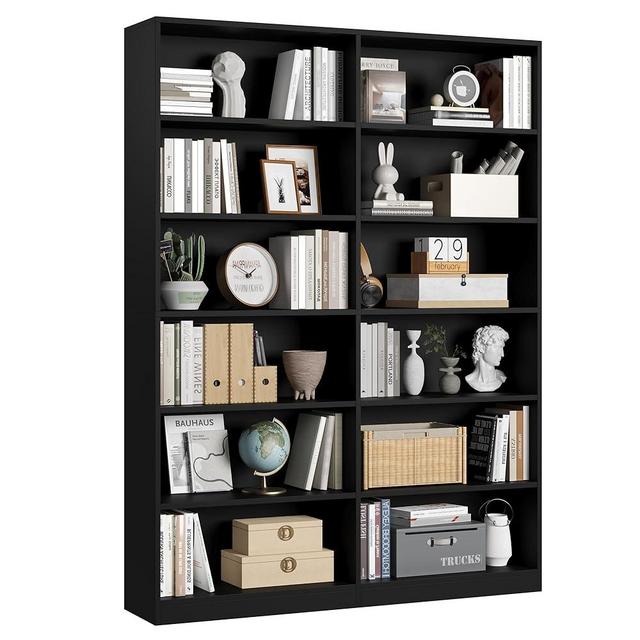 FACBOTALL Bookshelf and Bookcase, 6-Tier Double Wide Bookshelves, Freestanding Display Storage Shelves, Tall Bookcases for Home Decor Bedroom, Living Room, Home Office,Black