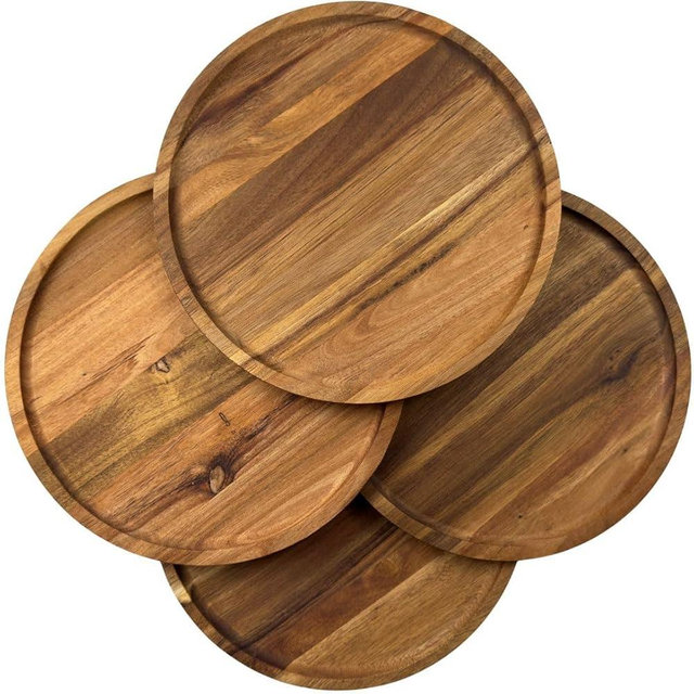 10 inch Round Teak Wood Plates, Set of 4, Great for Kids and Charcuterie, Wooden Charger Plates and Serving Trays