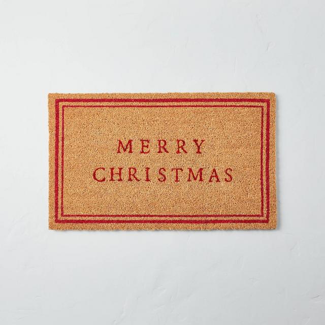 18" x 30" Merry Christmas Bordered Coir Doormat Tan/Red - Hearth & Hand™ with Magnolia