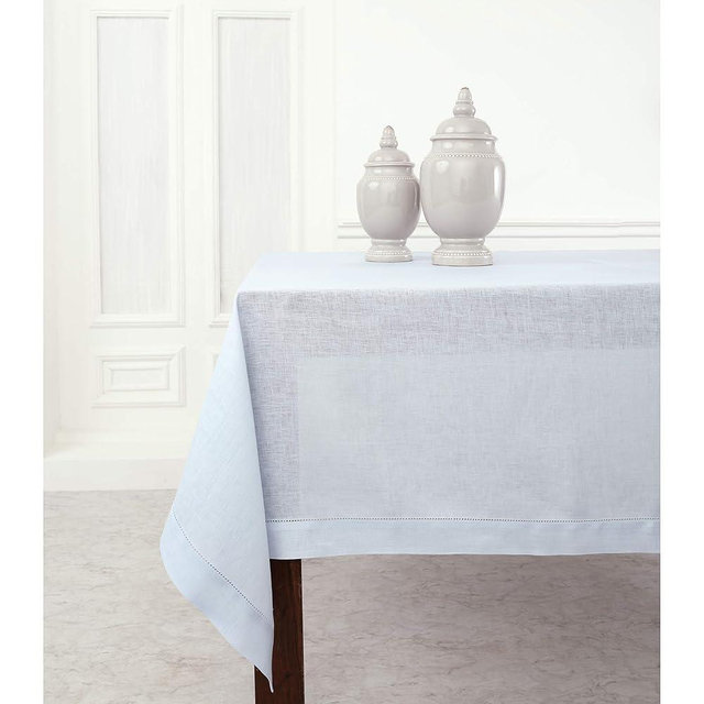 Solino Home Light Blue Linen Tablecloth 60 x 90 Inch - 100% Pure Linen Hemstitch Table Cloth for Rectangle Tables - Classic Hemstitch, Machine Washable Tablecloth for Summer