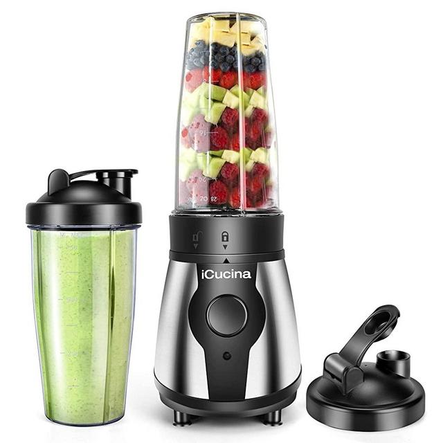 iCucina Personal Portable Bullet Blender 300 watt for shakes and smoothies| Easy Clean Shake Blender with One-Button Operation |28 Ounce Blender Cups with To-Go Lids