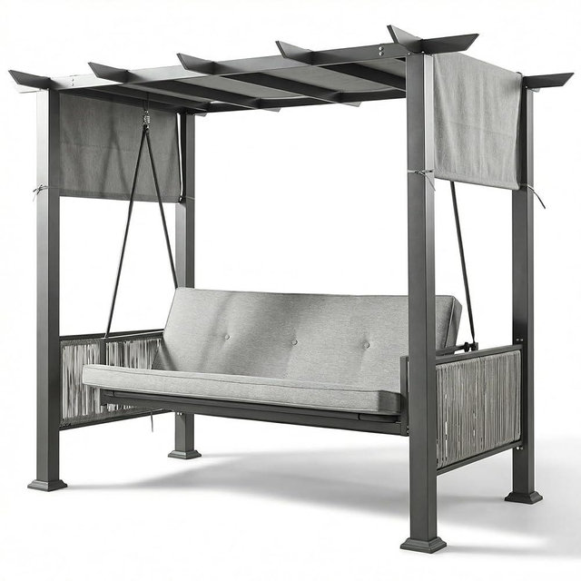 Pamapic 2-in-1 Convertible Porch Swing Bed, 3-Seat Elegant Patio Swing with Wicker Armrests, Outdoor Chair with Adjustable Canopy for Balcony, Garden, and Poolside, Gray