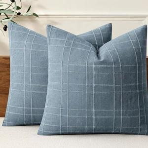 MIULEE Decorative Linen Check Throw Pillow Covers Neutral Farmhouse Vintage Pillow Covers 20x20 Set of 2 Boho Modern Home Decor for Sofa Couch Bedroom Cushion Blue Grey