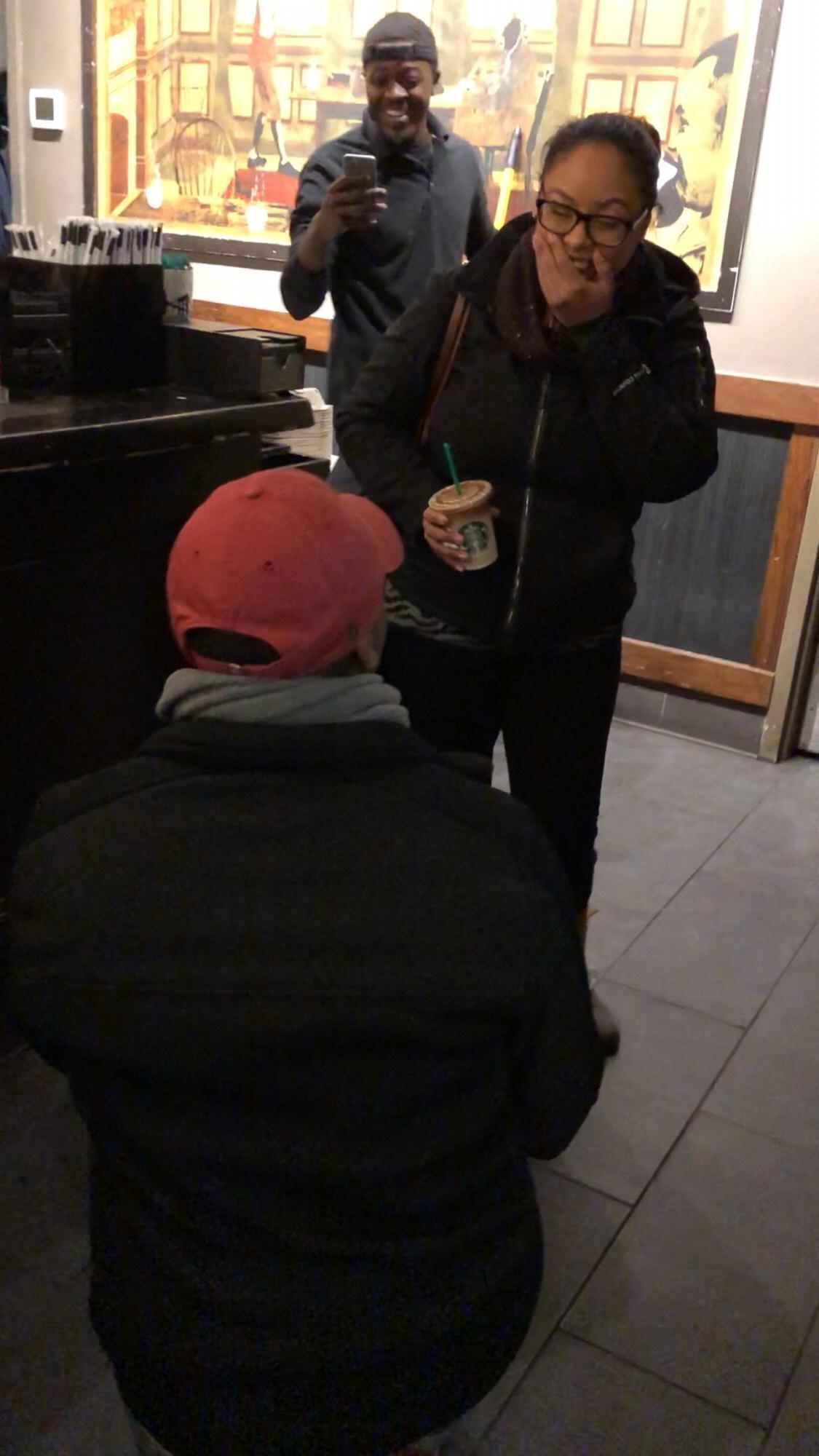 The day I asked my best friend to marry me.The guy in the back was a Starbucks employee 😂. He was making drinks until he saw me get down on one knee. 😁 he ran for his camera yelling “that was cute!”