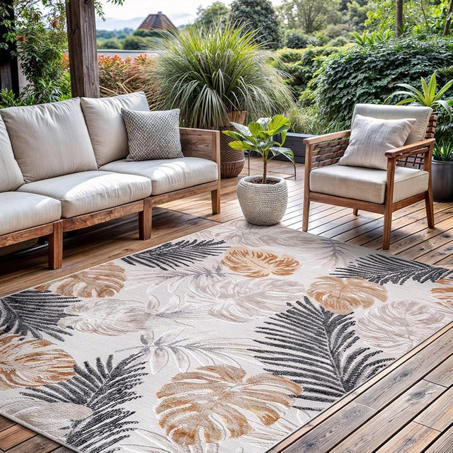 CAMILSON Indoor Outdoor Rug, Yellow 6’x9’ Leaf Tropical Botanical Area Rugs for Indoor and Outdoor patios, Easy-Cleaning Non-Shedding Living Room, Garden and Kitchen Washable Outside Carpet (6x9)