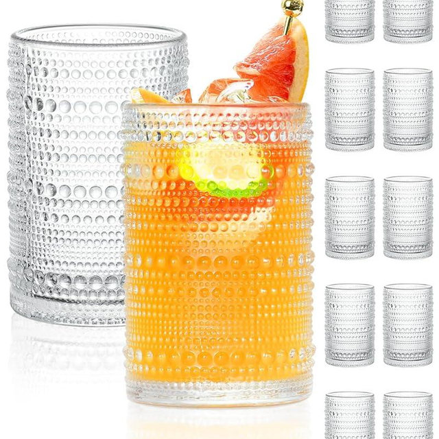 GOROGILE Large Capacity Glasses Drinking Set of 12, 15 oz Vintage Glassware Hobnail Glass Cups sets for Kitchen, Embossed Cocktail Glasses Set with Straws, for Beer, Juice, Cocktail, Whiskey, Milk