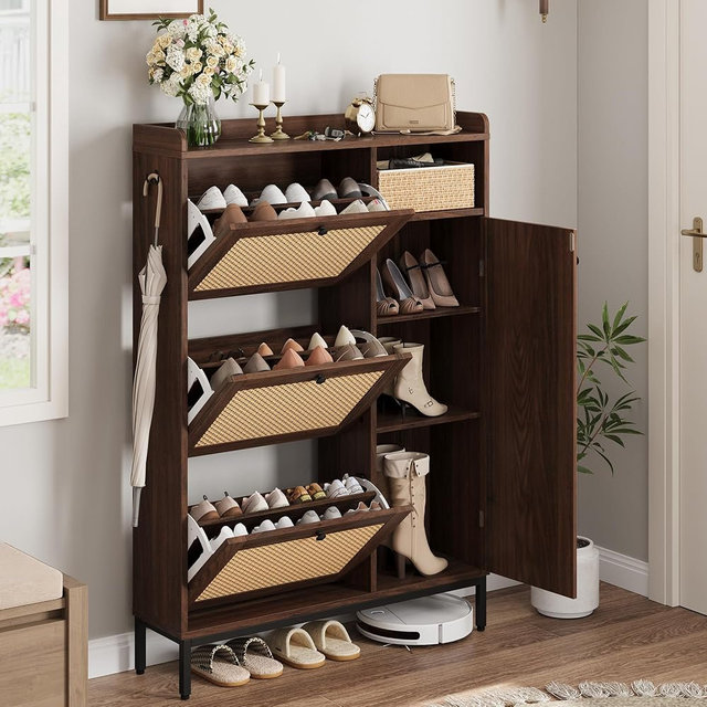 GarveeHome Shoe Cabinet Rattan with 3 Flip Drawers and 4-Tier Shoe Storage Cabinet, Freestanding Shoe Organizer with Adjustable Shelves for Entryway, Closet, Hallway