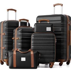LONG VACATION 6 Piece Luggage Set Carry on Suitcase with ABS+PC hardshell, Spinner Wheels & YKK Zipper TSA Lock (BLACK-BROWN, 6 piece set)