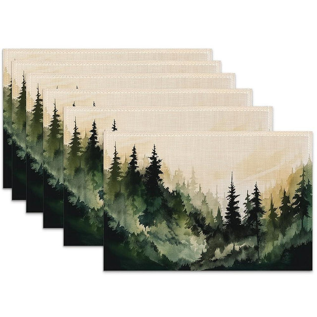 Mountain Linen Placemats Set of 6,12x18 Inch Forest Watercolor Tree Washable Table Mats Heat Resistant Place Mats for Home Party Kitchen Dining Decoration