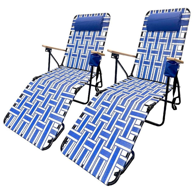 Webbing Patio Lounger Steel Chaise Lawn Chair Foldable Outdoor Great for Patio Camping Backyard Pool Wood Handles 2 Pack Blue