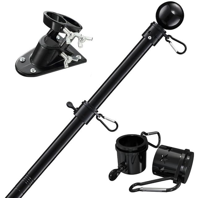 House flag pole for wall, roof or deck mounted, stainless steel black pole tubular handle rod with 5' ft length x 1'' diameter, American USA flag sizes 2x3', 3x5' and 4x6"ft. (Black)