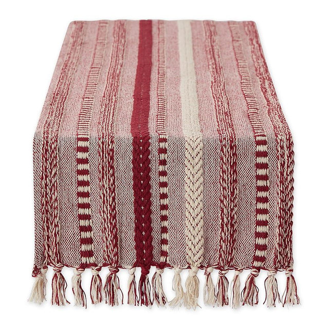 DII Farmhouse Braided Stripe Table Runner Collection, 15x108 (15x113, Fringe Included), Barn Red