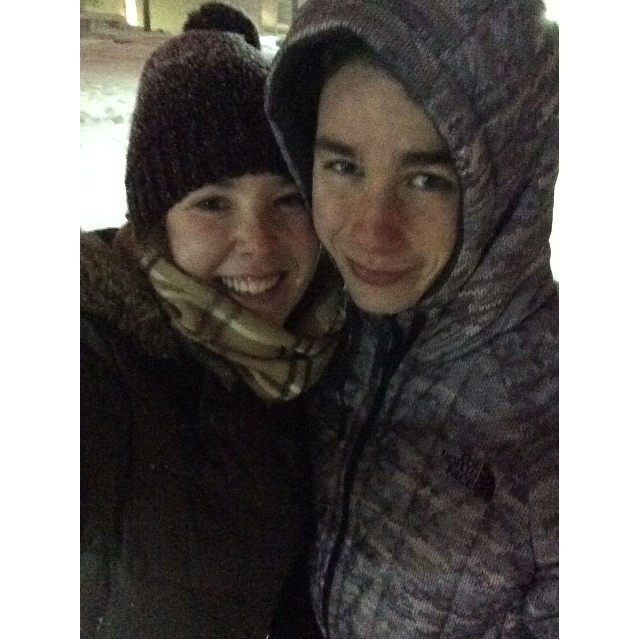 Olivia and Vince braving the elements during the "Snowmageddon" storm in Washington, D.C., in 2016.