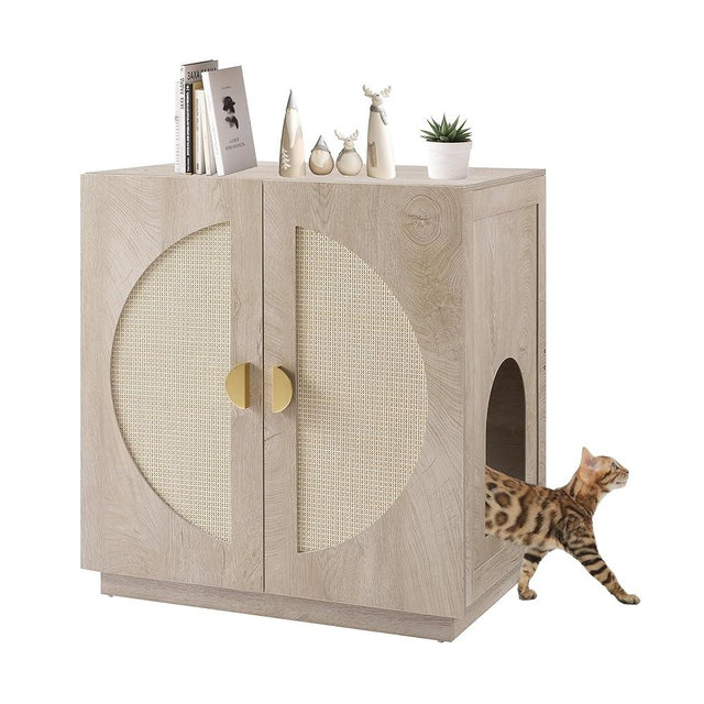 unipaws Cat Litter Box Enclosure with Shelves, Tall Hidden Litter Box Cover for Tall or Top Entry Litter Box, Kitty Enclosed Litter Box Cabinet, Cat Box Furniture, Grey
