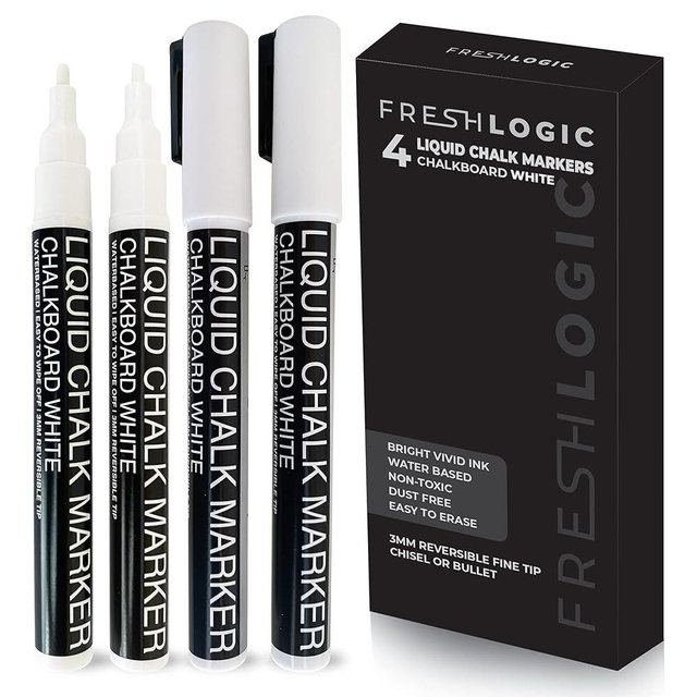 Liquid Chalk Markers - 4 White Fine Tip Chalk Pens, Erasable, Non-Toxic, Water-Based, Kids & Adults - White Chalk Markers for Blackboard, Glass, Chalkboard Paint for Businesses, Restaurants