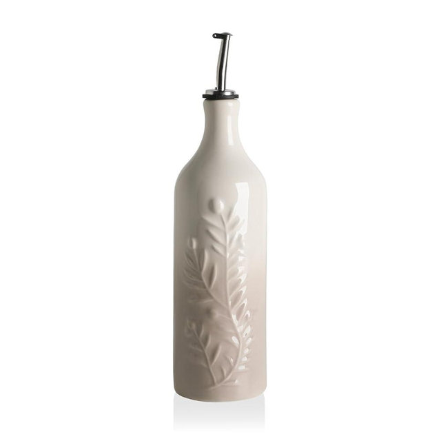 Sweejar Large Olive Oil Dispenser Bottle with Spout, 24 Oz Ceramic Oil Dispenser for Kitchen, Relief Opaque Cruet, Container for Cooking, EVOO, Vinegar, Pack of 1 (GradientFogGray)
