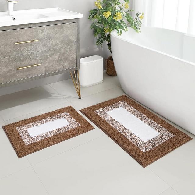 HOMEIDEAS 2 Piece Bathroom Rugs Set, Extra Soft Absorbent Microfiber Non Slip Machine Washable Shaggy Bath Mat (20" x 32" & 16" x 24", Brown)
