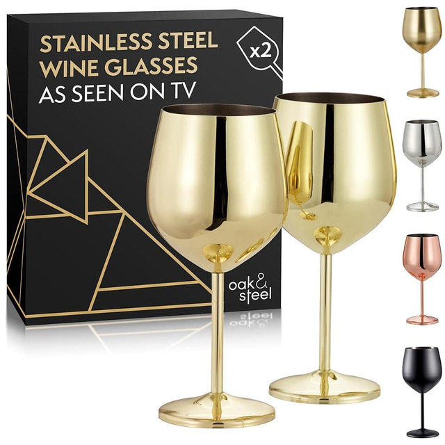 Oak & Steel - 2 Gold Stainless Steel Wine Glasses (18 Oz) Unbreakable Metal Wine Glasses, Wine Goblets with Gift Box for House Warming, Valentines, Anniversary