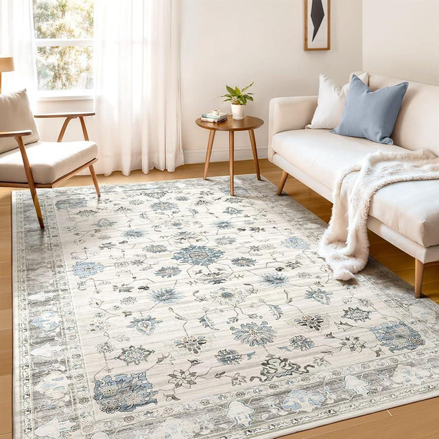 Machine Washable 5X7 Area Rugs for Living Room Rug, Bedroom Kitchen Rugs, Vintage Boho Carpet Kitchen Rugs Non-Slip Stain Low Pile Resistant Floor Carpet Indoor Entryway Rug, Camel Blue