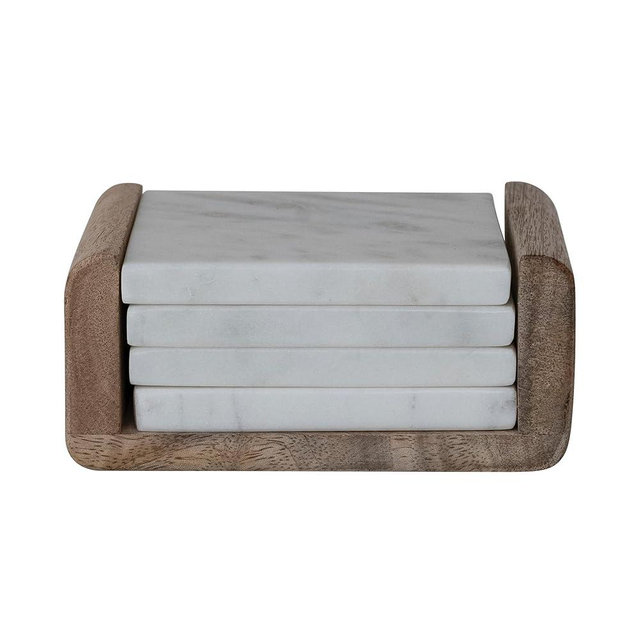 Creative Co-Op 4 pcs Square Marble Coasters with Mango Wood Holder, White and Natural