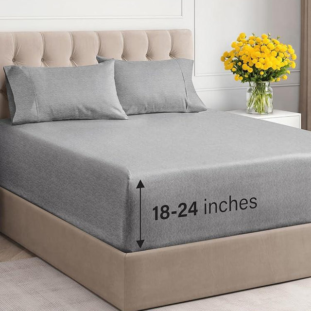 Extra Deep Pocket King Sheets - 4 Piece Breathable & Cooling Bed Sheets - Hotel Luxury Sheet Set - Soft, Wrinkle Free & Comfy - Easily Fits Extra Deep Mattresses - Deep Pocket Heathered Grey Sheets