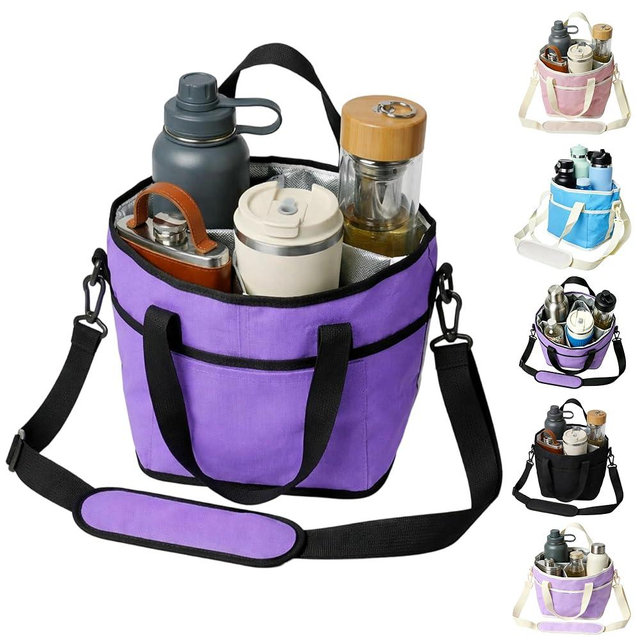 Family Size 4 Compartment Drink Bag, Drink Carrier Bag, Tumbler Drink Bag Carrier with Adjustable Strap with Front Pocket for Sports, Travel, Work, Beach, Picnics and No-Spill for Car (Purple)