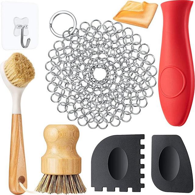 8 Pieces Cast Iron Cleaner Set Include Stainless Steel Chainmail Scrubber with Bamboo Long Handle Dish Scrub Brush Hot Handle Holder 2 Pan Grill Scrapers Kitchen Towel Wall Hook