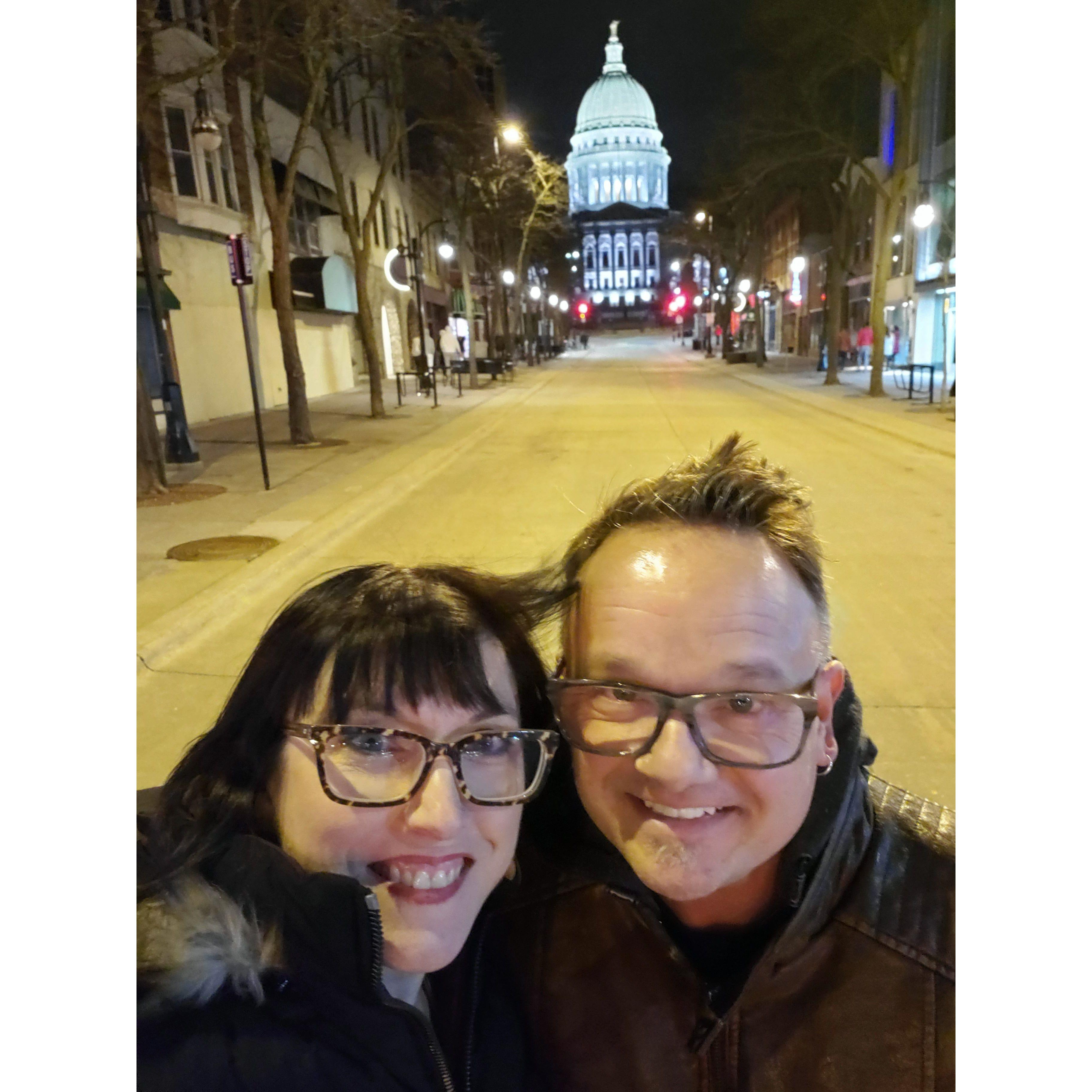 In front of the capitol building in Madison