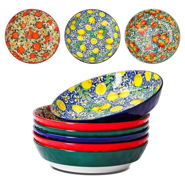 8 Inch Deep Dish Fruit Series 6-Piece Set, Rich Red/Green/Blue Color Salad Plate, Pasta Plate, Bread Plate, Microwave and Dishwasher-Safe, Sturdy and Stacked Inch Lemon Orange Guava