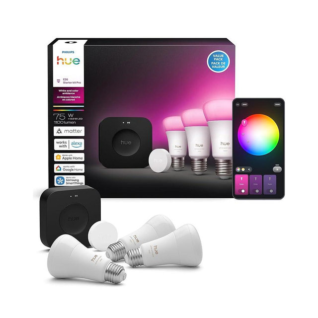 Philips Hue Starter Kit: Bridge Pro + 3 A19 E26 Smart Bulbs + Button, White & Color Ambiance, Smart Light Hub, Works with Apple Home, Alexa, Google, Samsung SmartThings