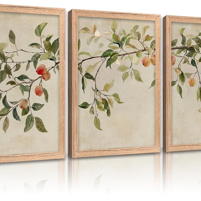 3 Pieces Apple Tree Canvas Wall Art Rustic Farmhouse Painting Picture Wall Decor Vintage Fruit Poster Print Artwork for Living Room Bedroom Kitchen Home Decoration Framed
