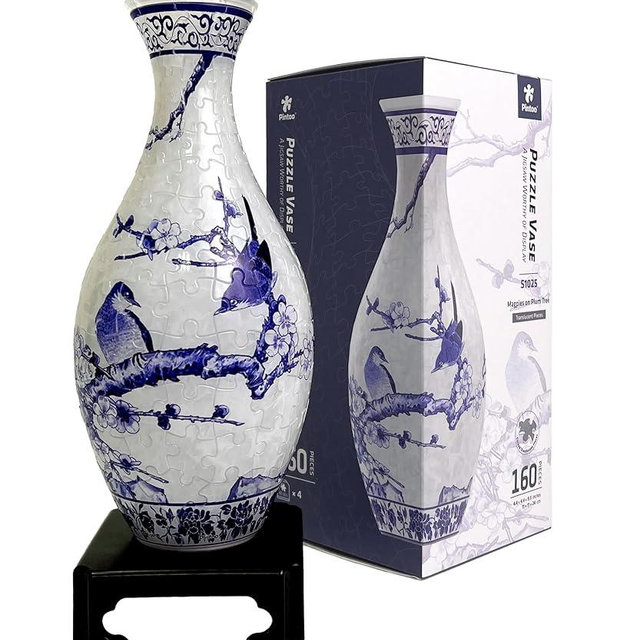 Pintoo 3D Puzzle Vase Unique Flower Vase Made by 160 Curved Plastic Puzzle Pieces House Warming Gift for Flower Arrangements and Home Decoration - [S1025] (Translucent, Magpies on Plum Tree)