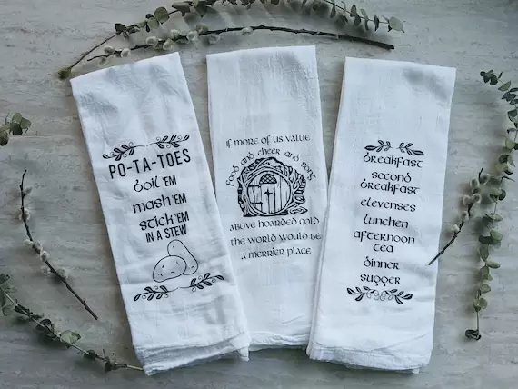 Read the full title Lord of the Rings Tea Towel Set, The Hobbit Funny Tea Towel, LOTR Bookish Gift, Custom Tea Towel, Funny Gift,Tolkein,Housewarming Gift Decor