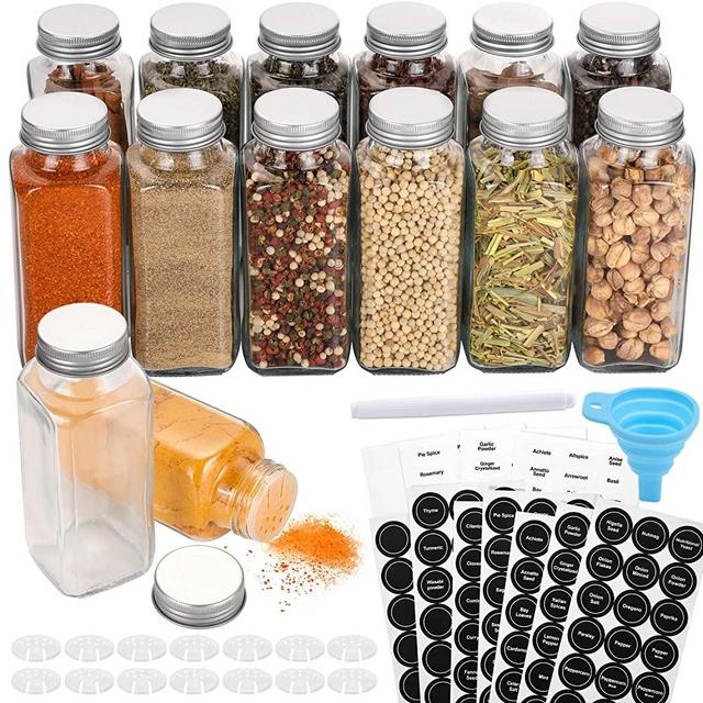 24 Pcs Glass Spice Jars/Bottles - 4oz Empty Square Spice Containers with  612 Spice Labels - Shaker Lids and Airtight Metal Caps - Silicone  Collapsible Funnel Included