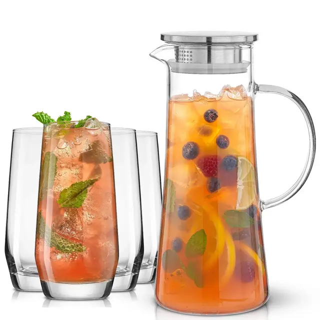 JoyJolt Glass Pitcher with 4 Drinking Glasses Set