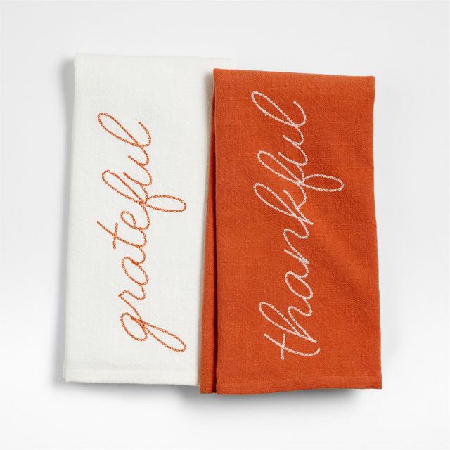 "Thankful" & "Grateful" Embroidered Organic Cotton Kitchen Towels, Set of 2