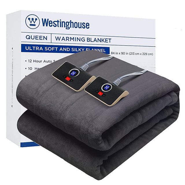 Westinghouse Electric Blanket Queen Size 84"x90" Heated Throw Soft Silky Plush Flannel Heating Blanket, 10 Heat Settings & 12 Hours Auto Off, Machine Washable, Charcoal Grey
