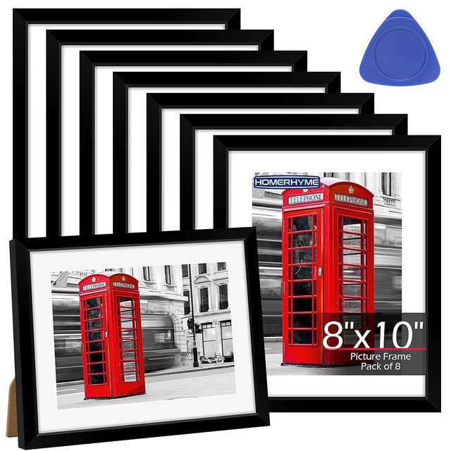 HOMERHYME 8x10 Picture Frame Set of 8, Black Photo Frames for Tabletop or Wall Display, Fits Pictures 5x7 with Mat or 8x10 Without, Frame Collage with HD Plexiglass for Home Wall Decor, with Gadget